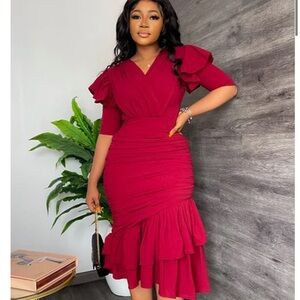 Loragal Red Ruched Ruffle Midi Dress | Size Large | NWT